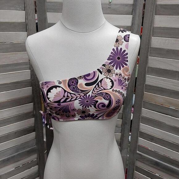 Floral Printed One-Shoulder Side-Shirred Bikini Top | Salt + Cove | Medium - Picture 2 of 8